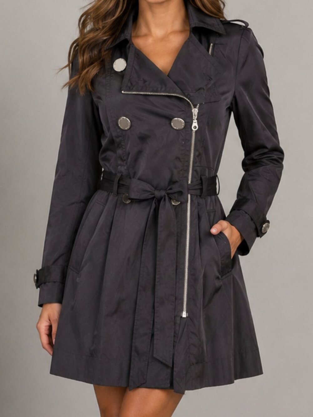 Forever New Black Coat Womens Sz 8 Offset Zipper Silver Accents Pleated